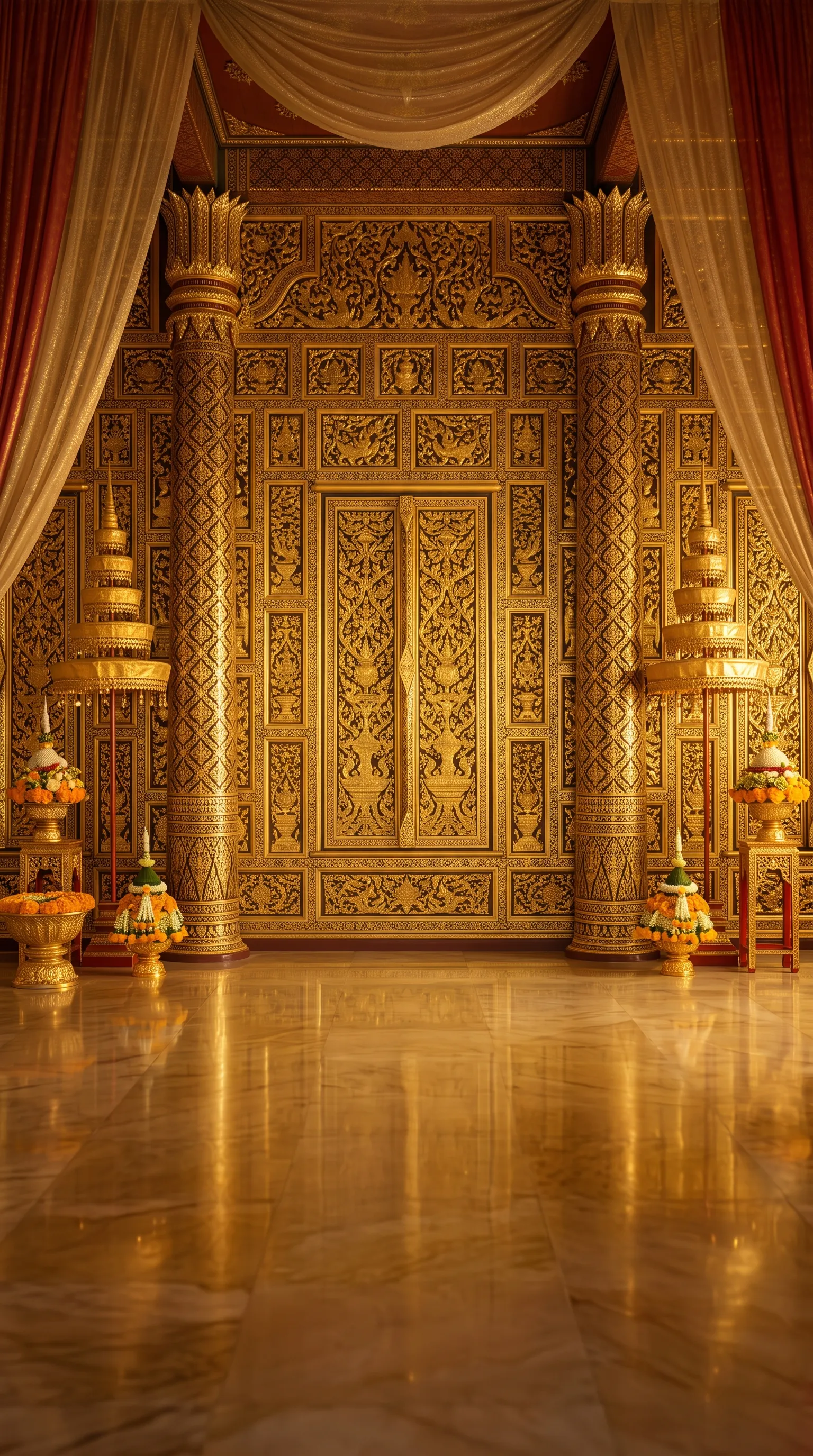 Gold Lacquer Doors Red Drapes